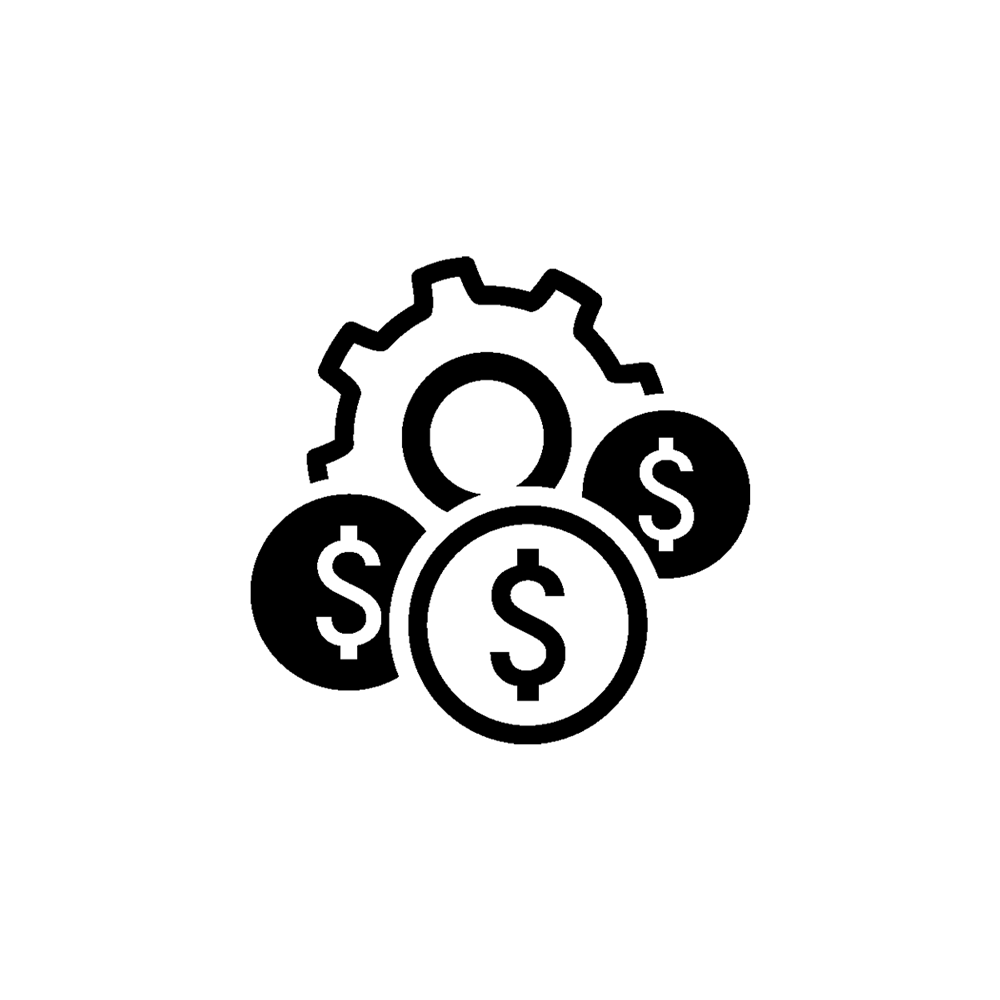 Black vector image depicting a gear and money symbols.