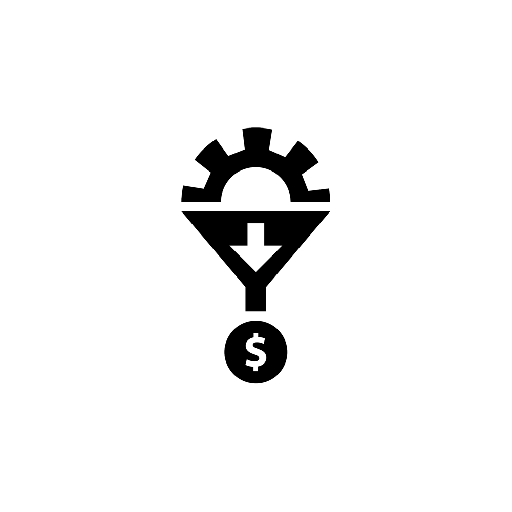 Black vector graphic depicting a gear funneling out money.